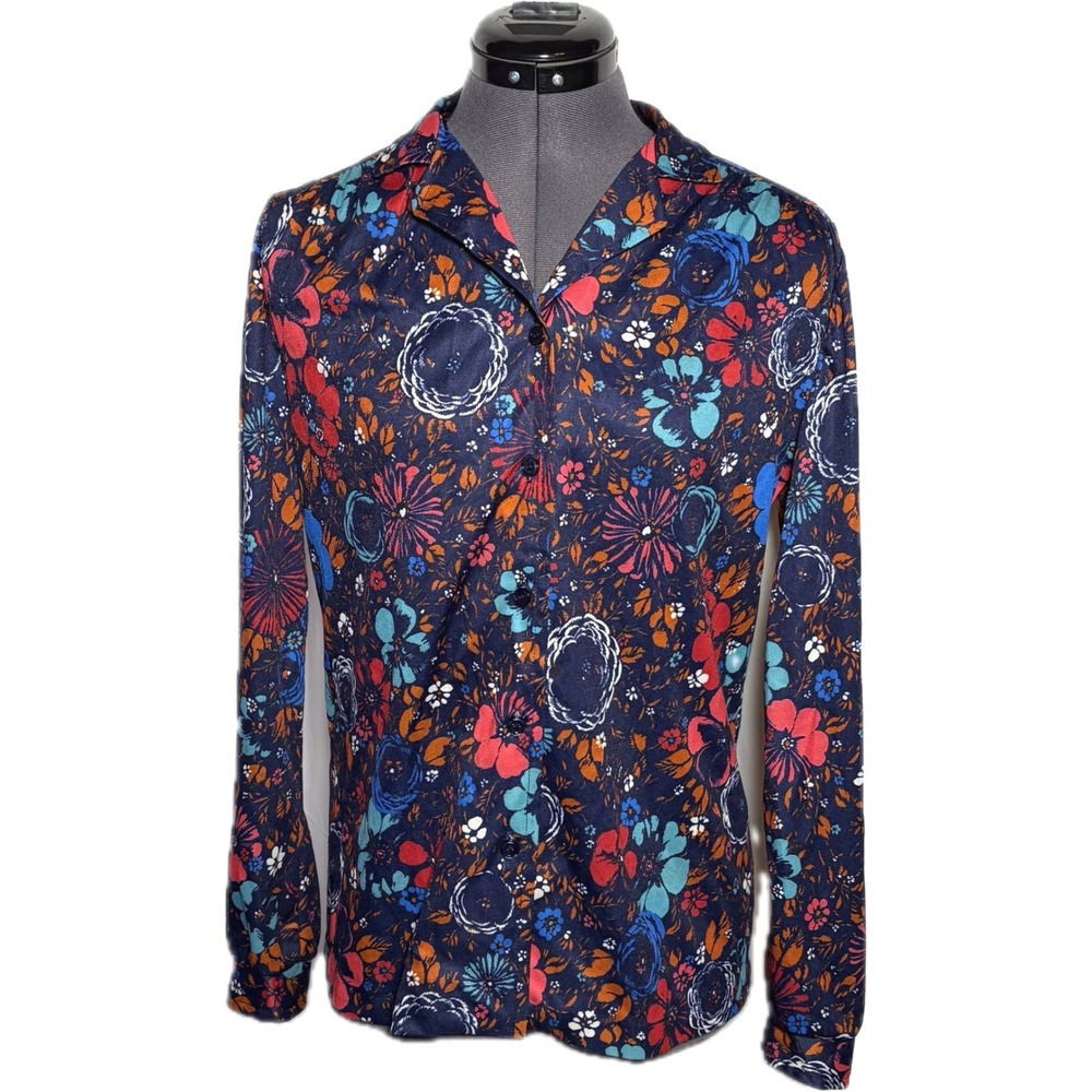 Vintage 70s Floral Button Down Shirt Retro Disco Devon Blouse B38 M